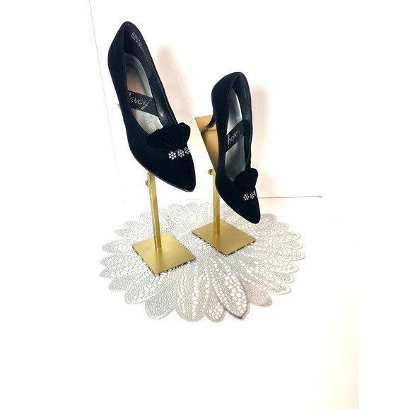 Vintage Tavoy Blk Velvet Rhinestone Pleated Fan Pointed Toe Stiletto Pumps Heel - Picture 3 of 10